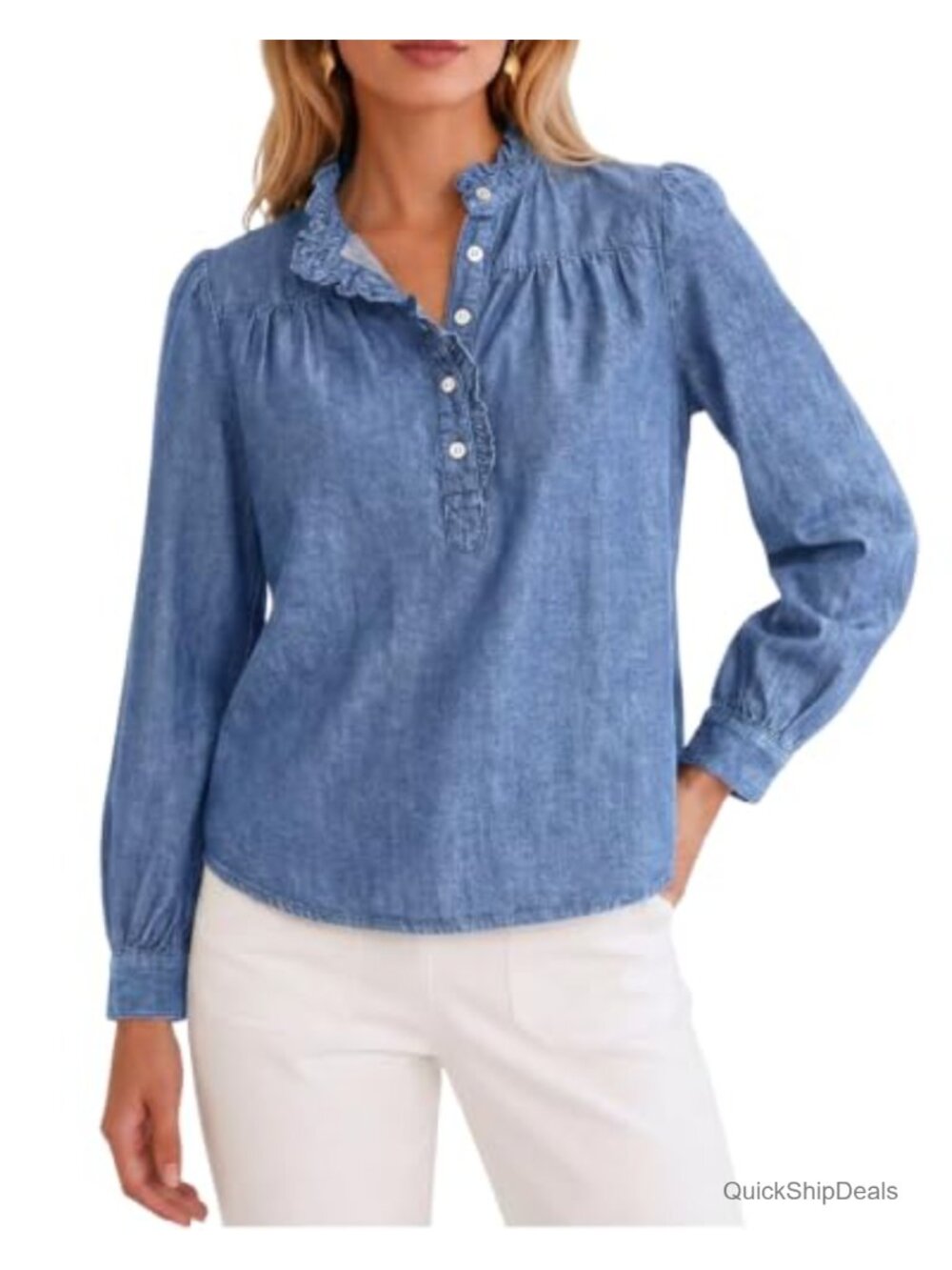 Ruffle Denim Button Down Shirt Blouse Top